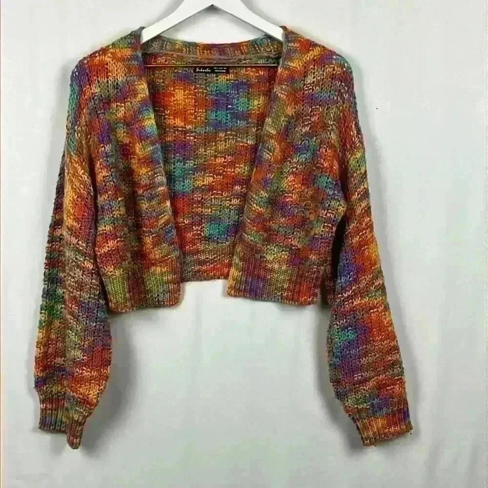 SHEIN Multi Color Crop  Cardigan Long Sleeves Loose Knit/Crochet Size USA 4